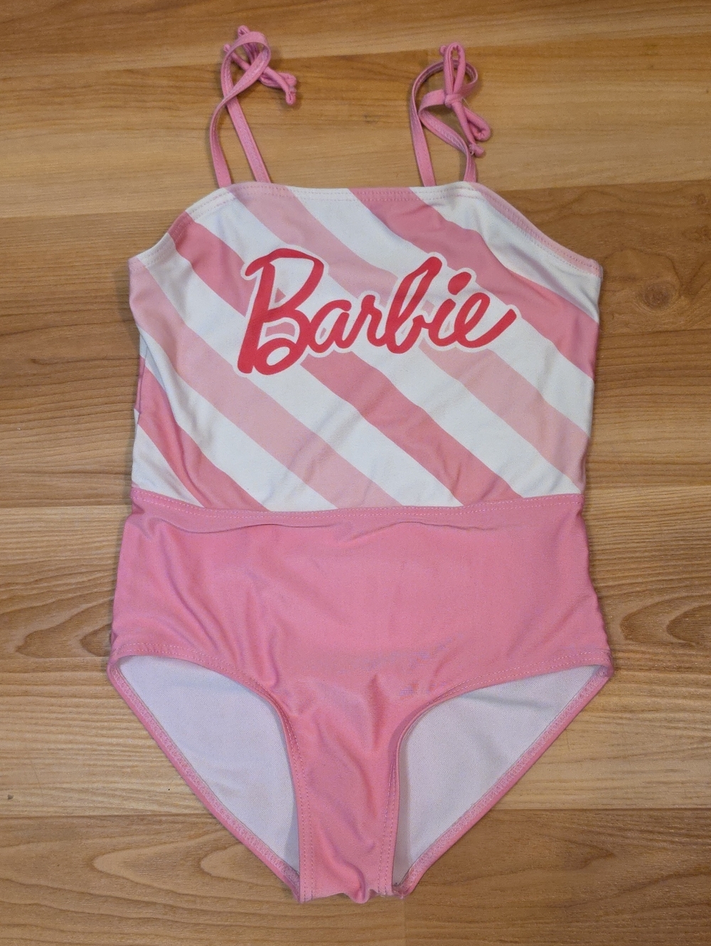 Barbie Pink and White Striped One-Piece Swimsuit - Girls Size 7/8